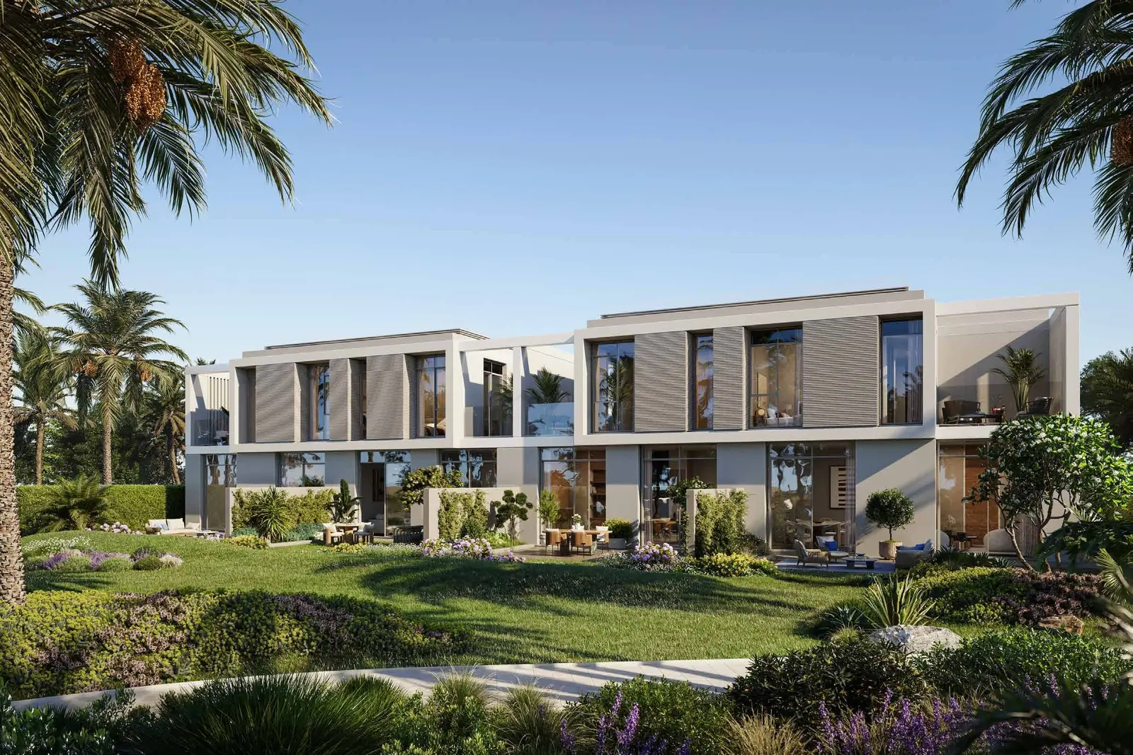 Street‑level exterior of Fay Valley Masdar City Abu Dhabi UAE highlighting sustainable design elements, wide pathways, and family‑friendly outdoor green spaces.jpg
