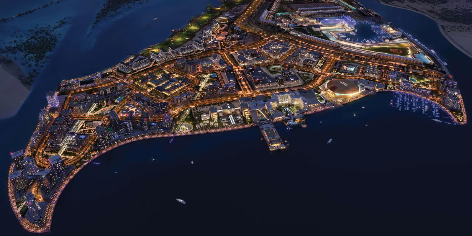 Master plan layout of Yas Bay Residences on Yas Island Abu Dhabi showing waterfront homes, parks, retail, and coastal community design.