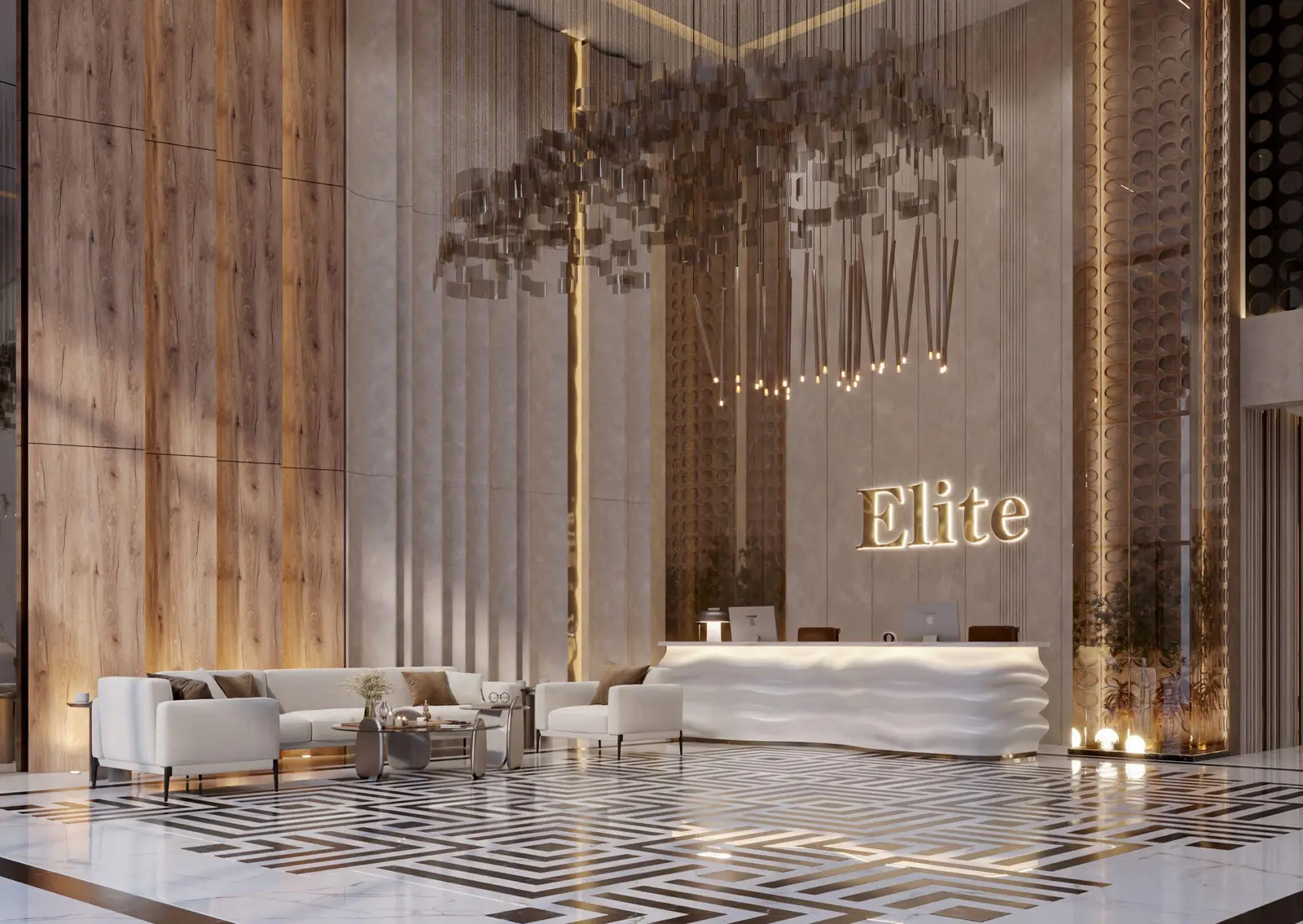 Radiant Elite Tower lounge interior offering contemporary seating, warm lighting, and a serene atmosphere for relaxation.