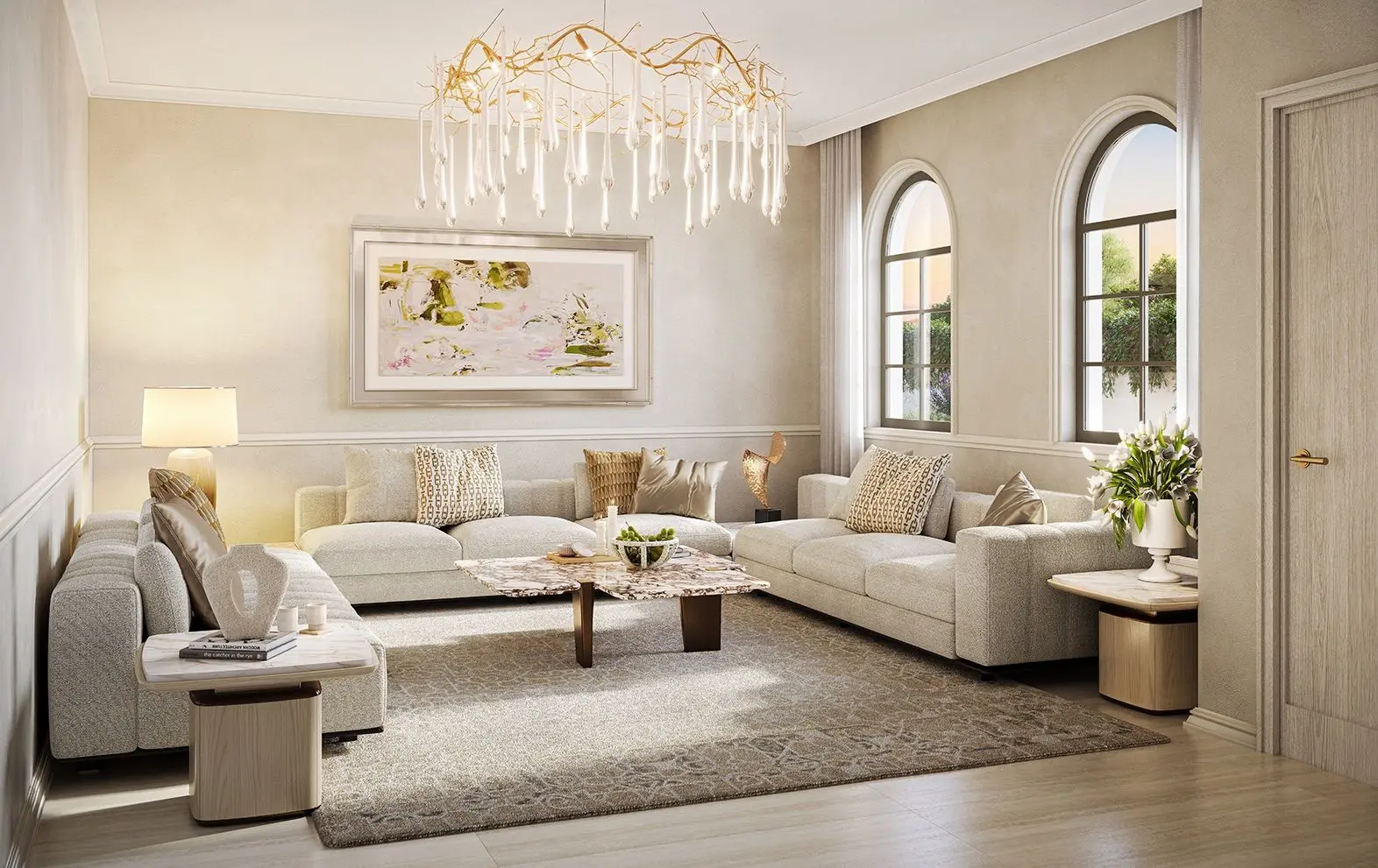Marbella Bloom Living Zayed City Abu Dhabi spacious open-plan living area in Mediterranean-inspired luxury villas