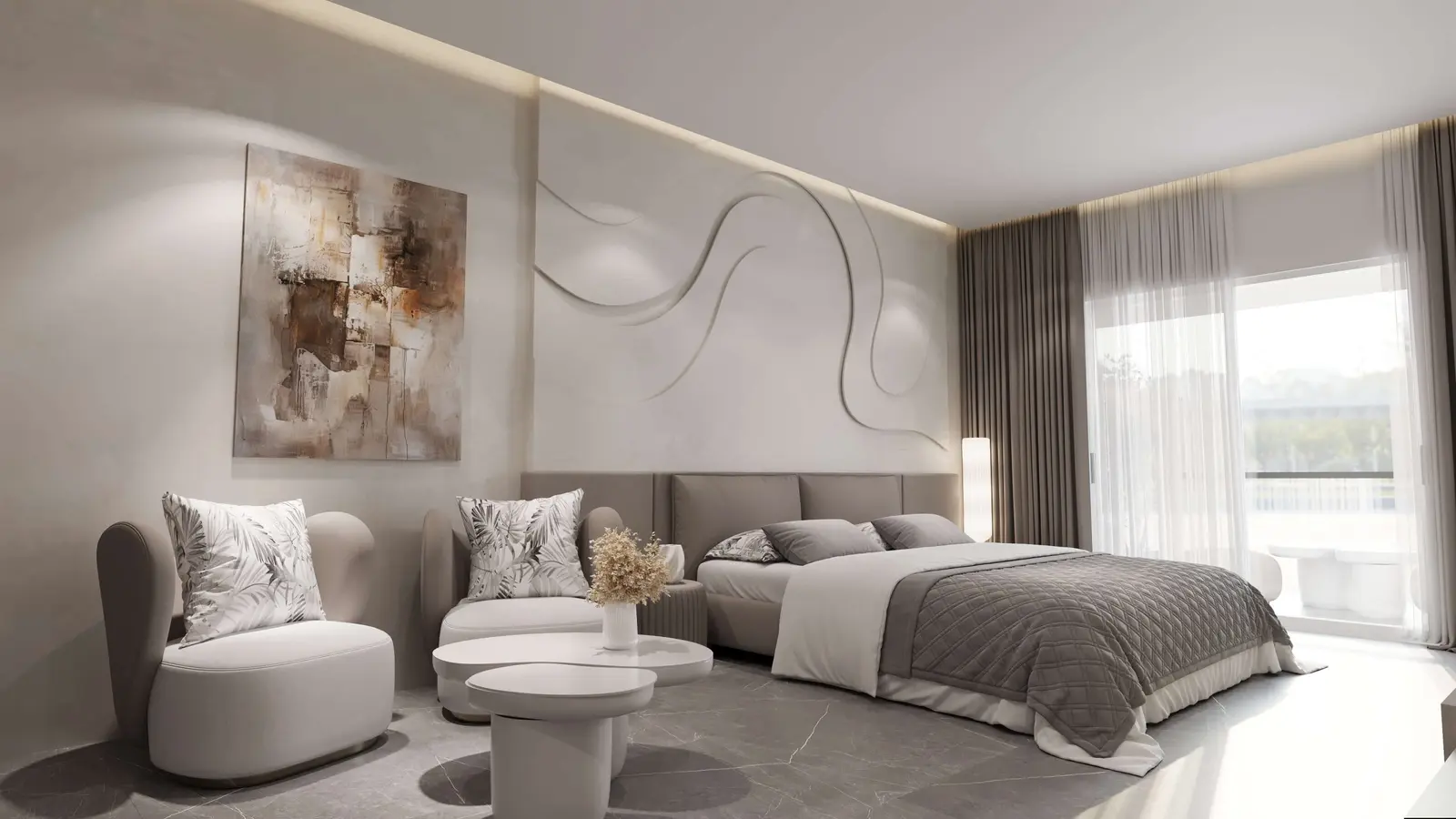 ICONA Residence Al Reeman Abu Dhabi modern bedroom design featuring premium materials and natural lighting