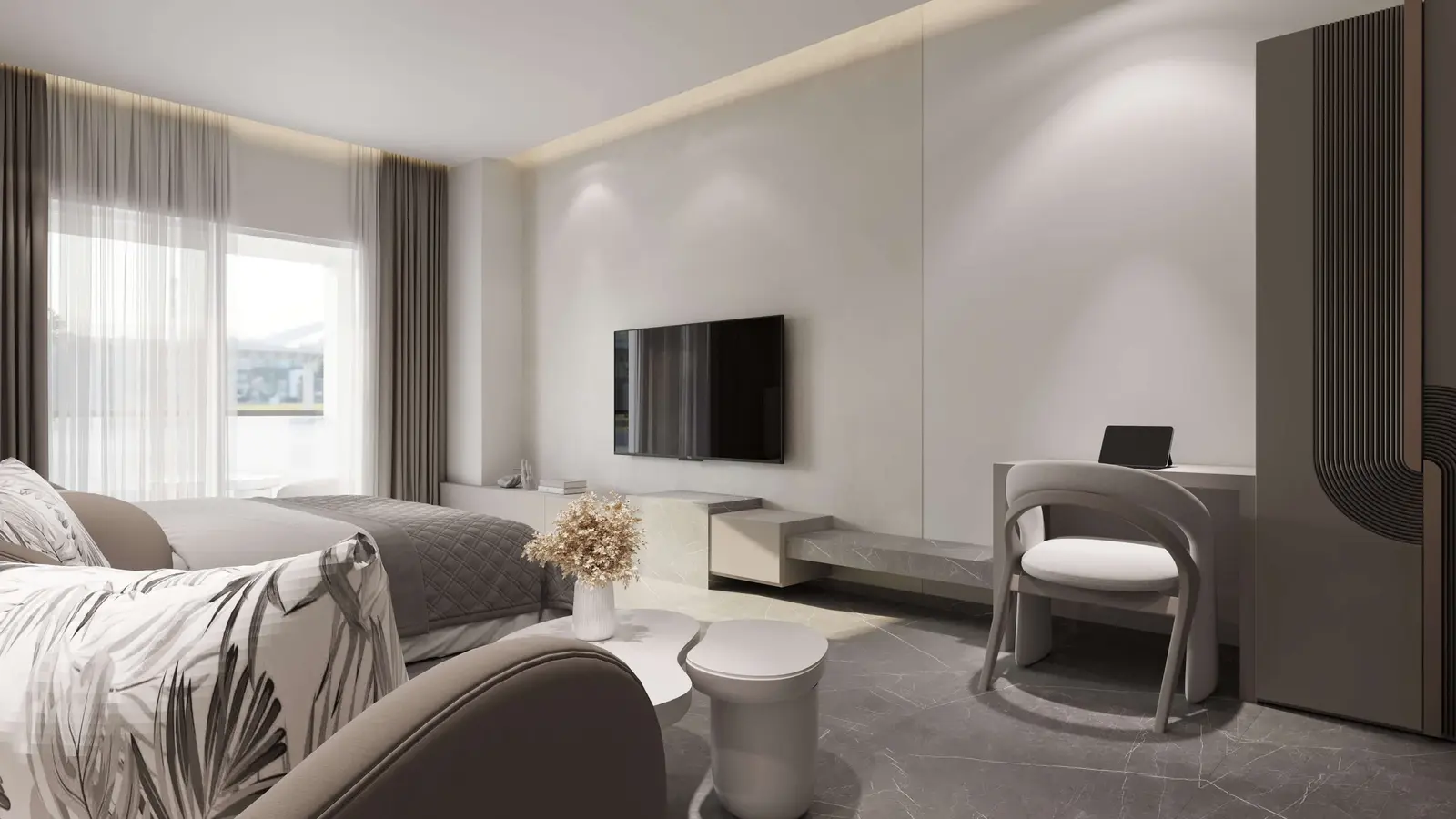 ICONA Residence Al Reeman Abu Dhabi modern bedroom design featuring premium materials and natural lighting