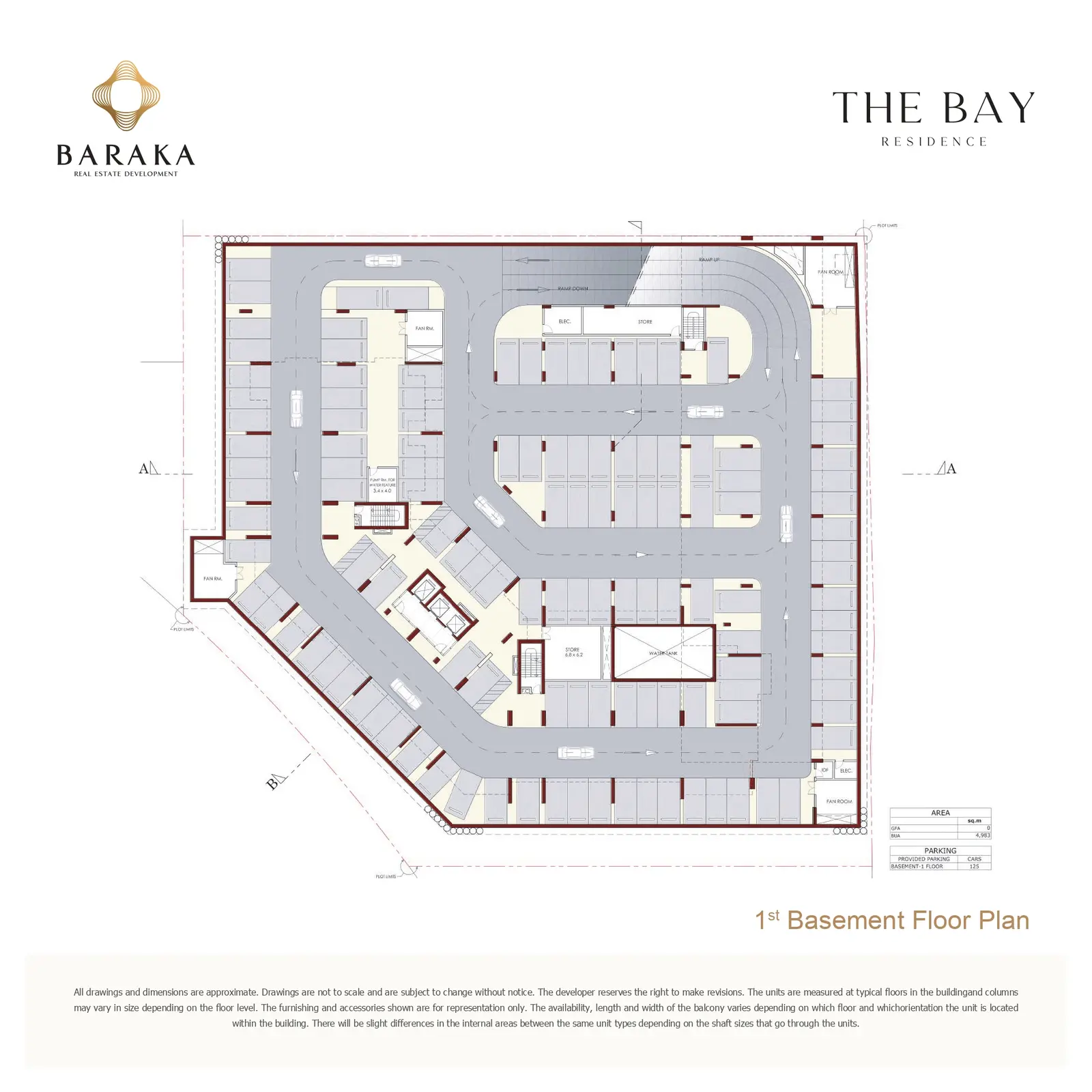 Basement floor plate showing parking, storage, and building services layout.