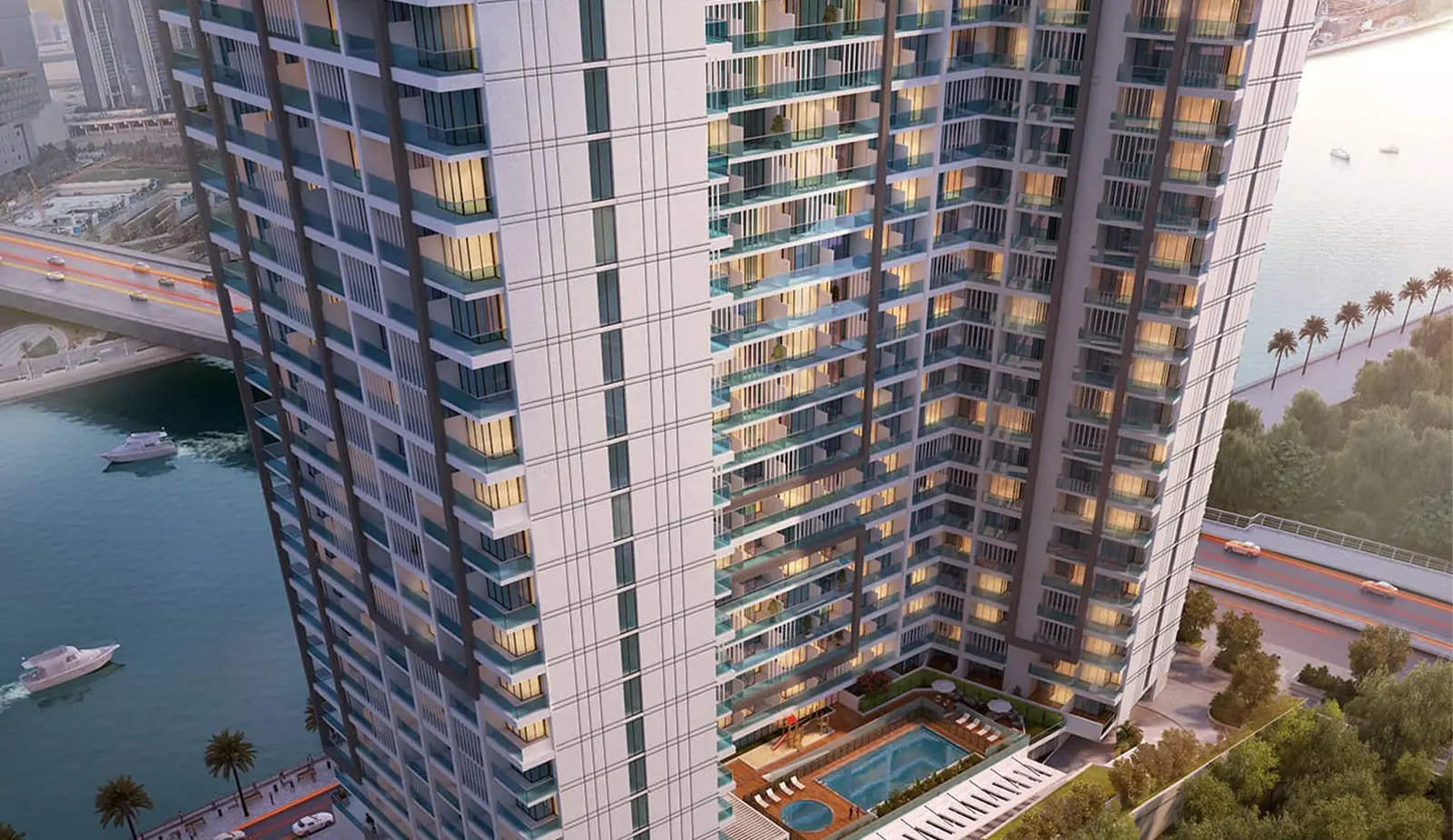 Al Maryah Vista building exterior with swimming pool and landscaped surroundings