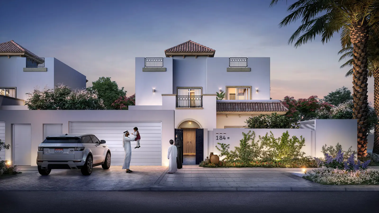 The main entrance of Fay Al Reeman, showcasing the villas’ modern architectural elegance