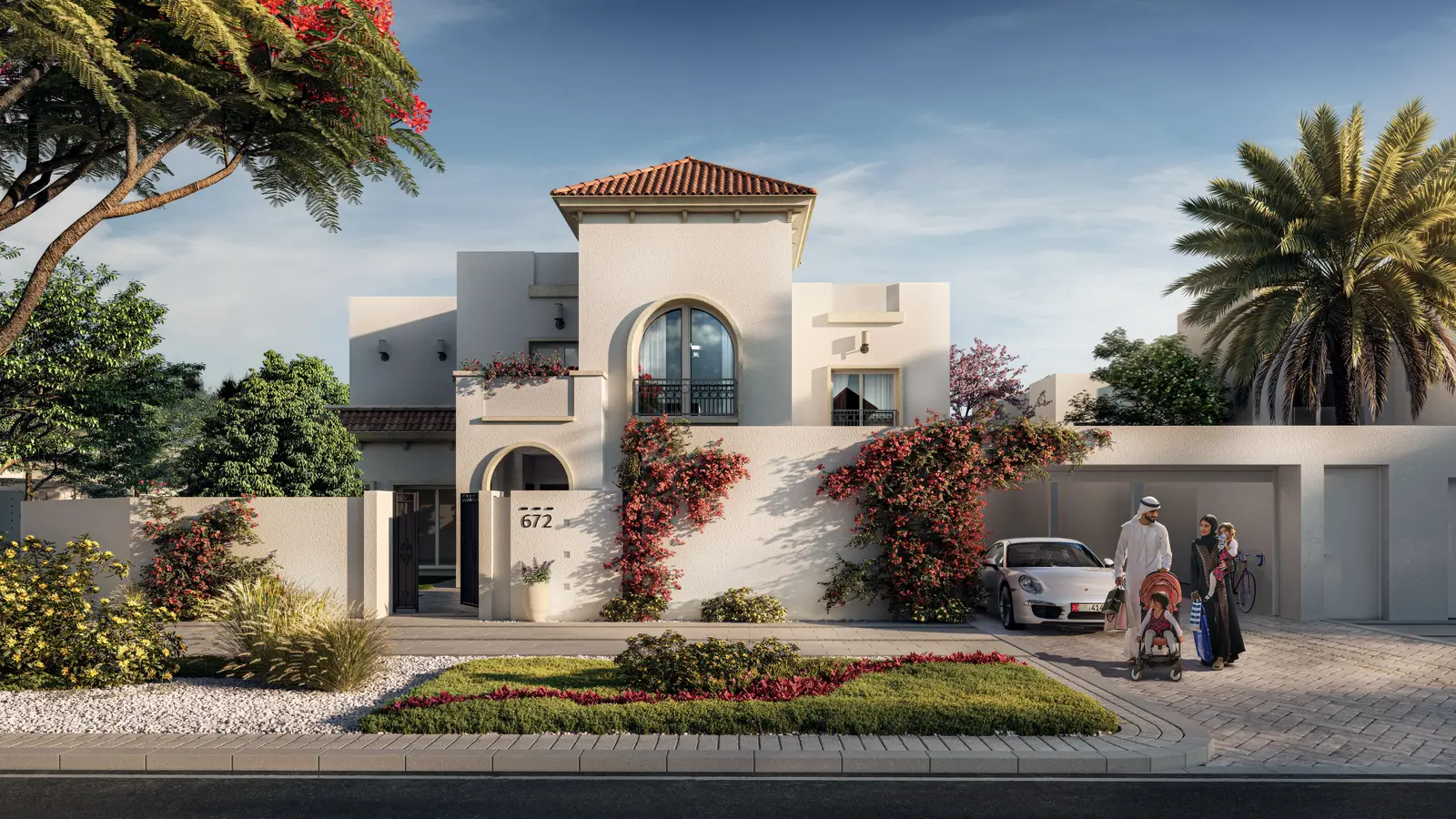 Villa front elevation at Fay Al Reeman highlighting clean architectural lines