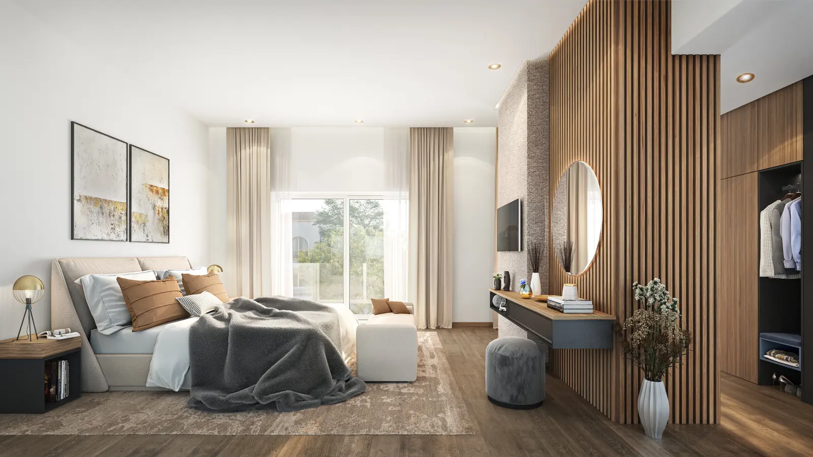 Master bedroom in Fay Al Reeman with ensuite bathroom and large panoramic windows