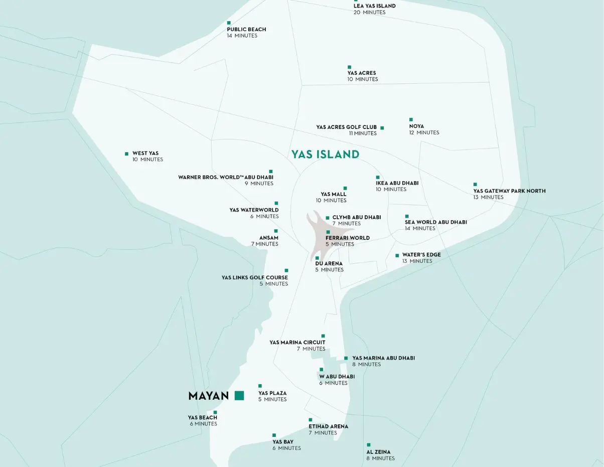 Mayan by Aldar master plan on Yas Island Abu Dhabi showcasing waterfront residences, amenities, green spaces, and community living.