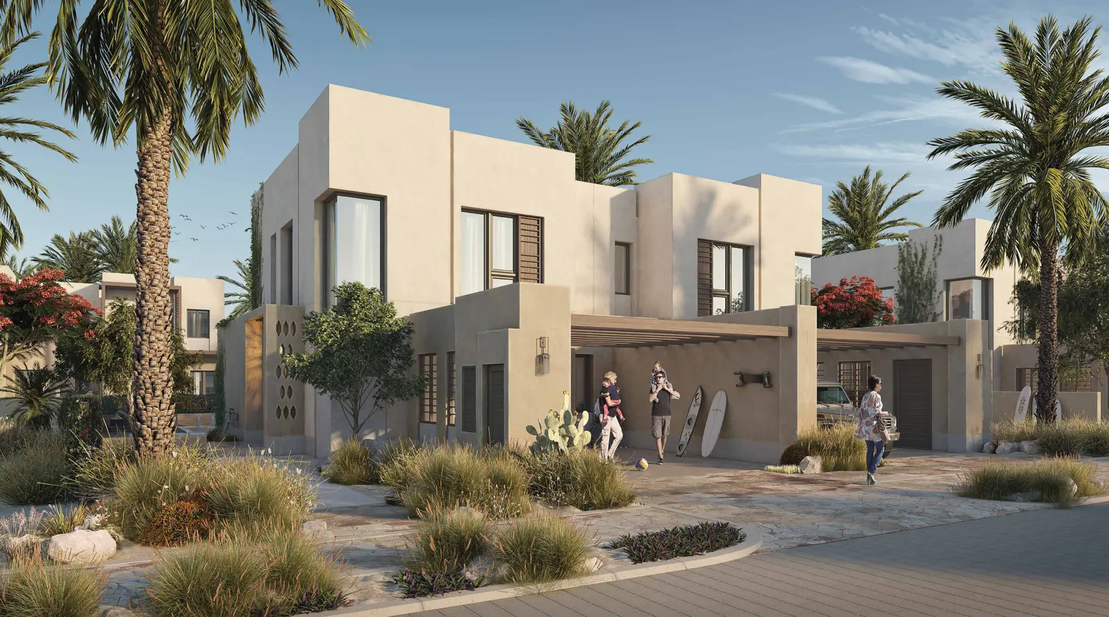 Exterior view of a luxurious Rawya villa in Al Jurf Gardens with a modern facade.