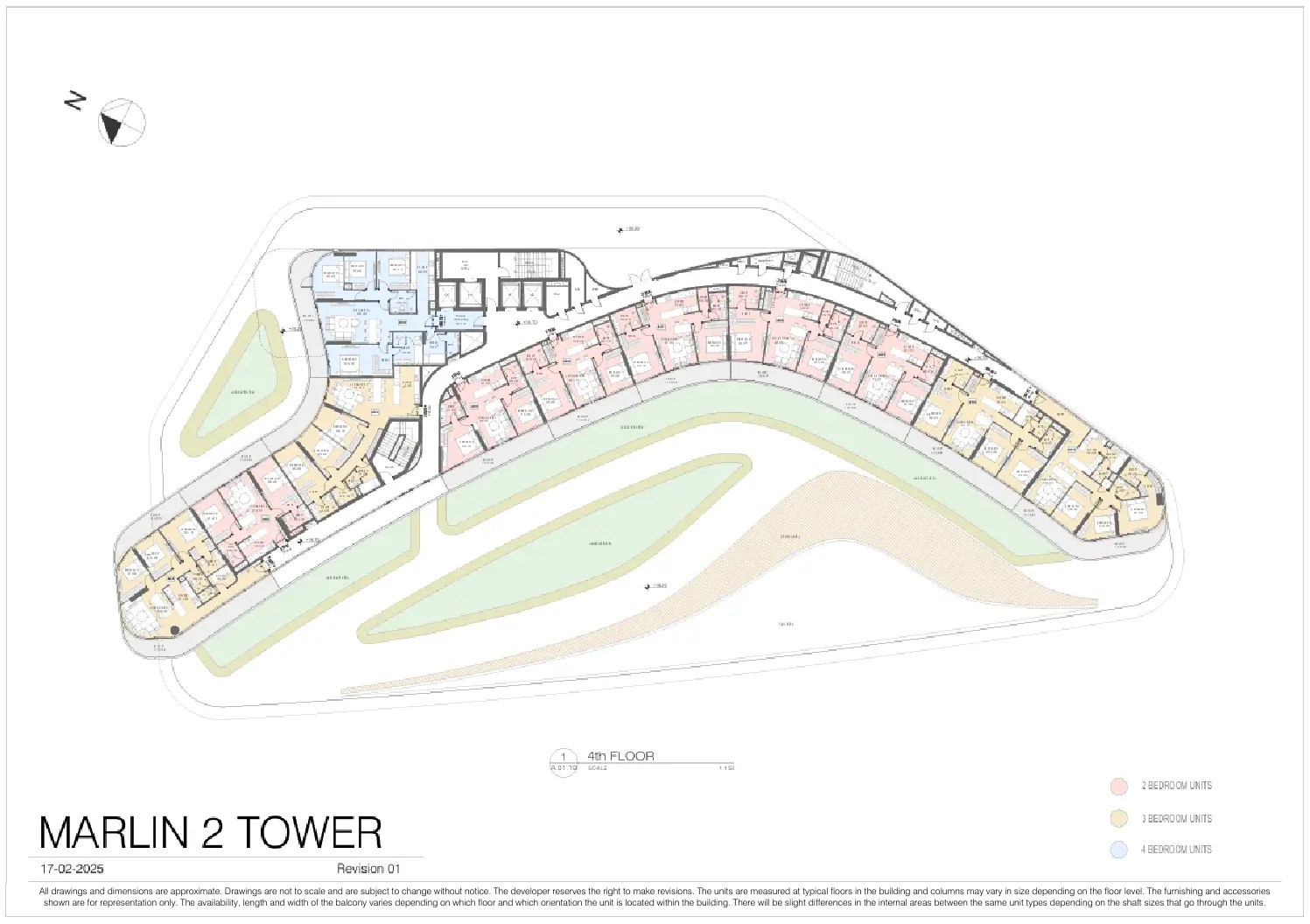 4th floor plate plan for Marlin 2 Tower, Al Reem Island, featuring 2, 3, and 4-bedroom residential unit layouts.