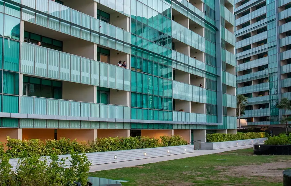 Stunning beachfront view of Al Muneera residential towers at Al Raha Beach Abu Dhabi waterfront community.