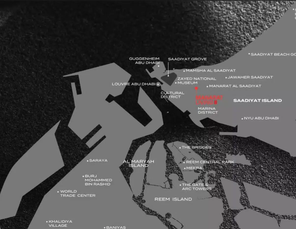 Master plan of Manarat Living II on Saadiyat Island, Abu Dhabi showcasing contemporary residences, landscaped spaces, rooftop amenities, and community facilities.