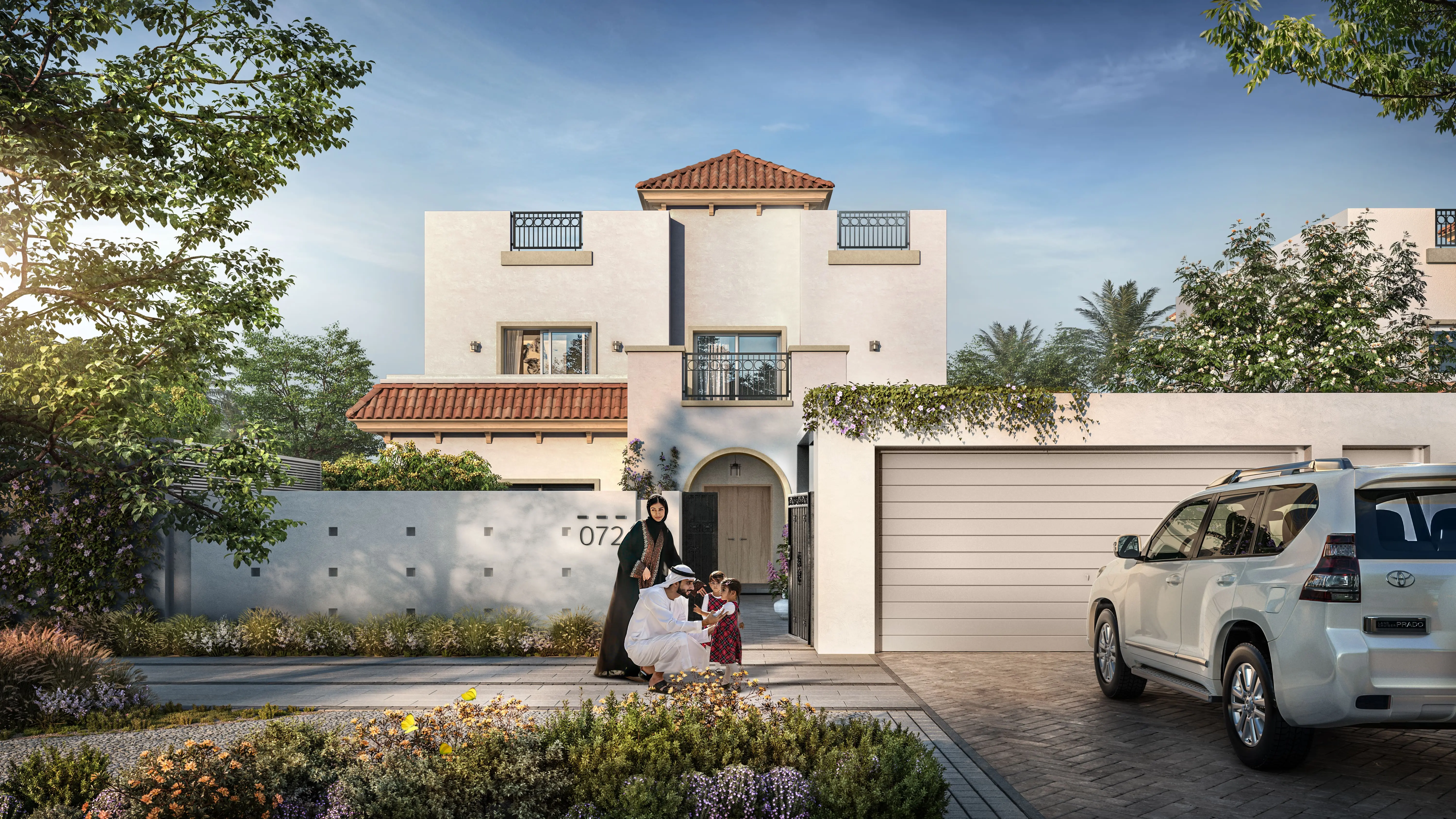 Modern exterior architectural design of a luxury villa in Fay Alreeman Phase 2, Al Shamkha, Abu Dhabi.
