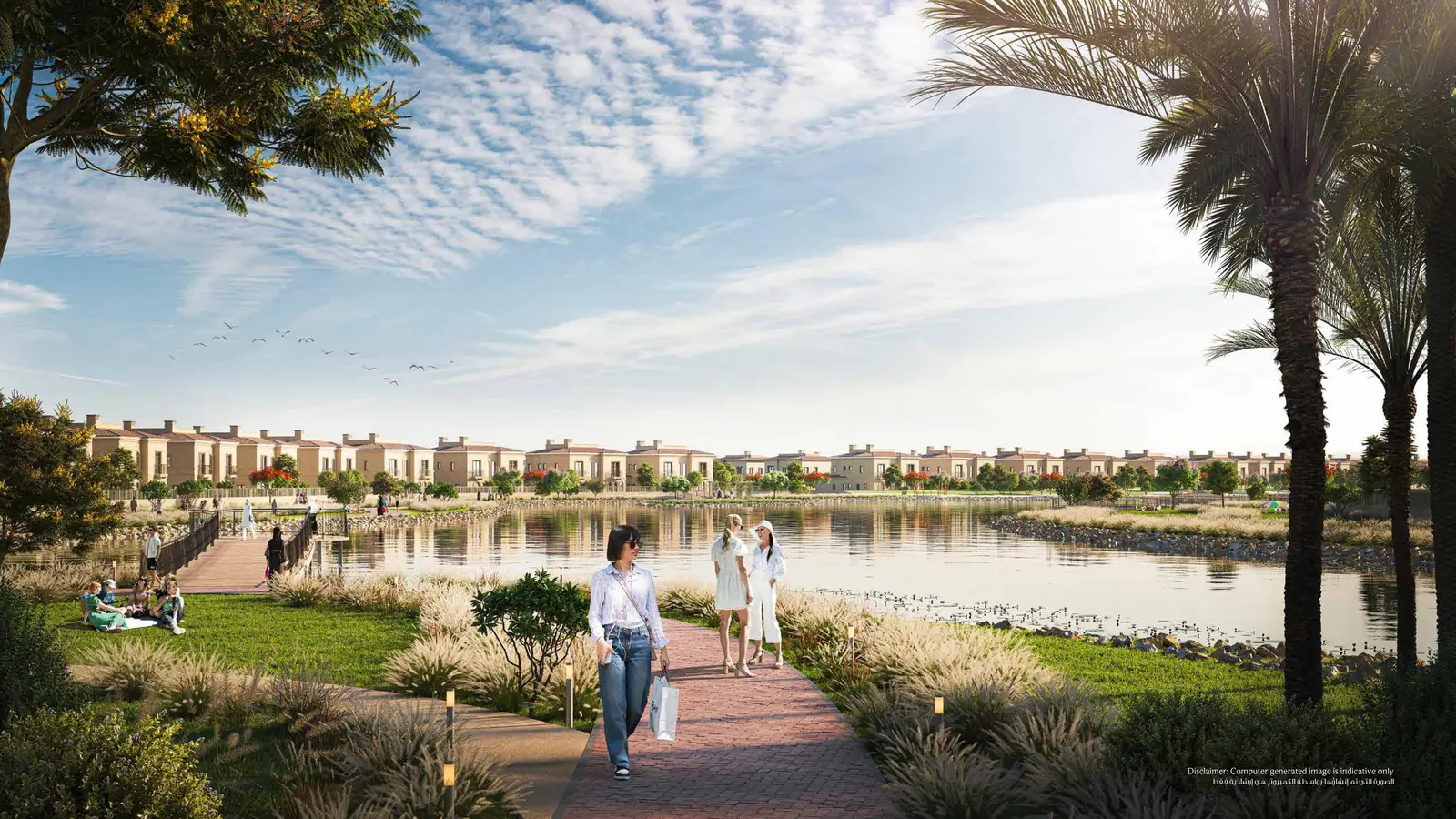 Wooden overpass bridge connecting lake island residences at Bloom Living Zayed City.