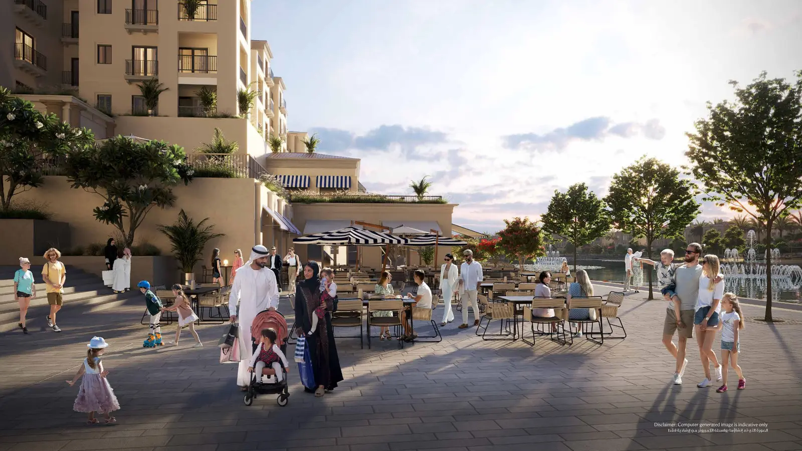 Landscaped front garden with palm trees at Bloom Living villa in Abu Dhabi.