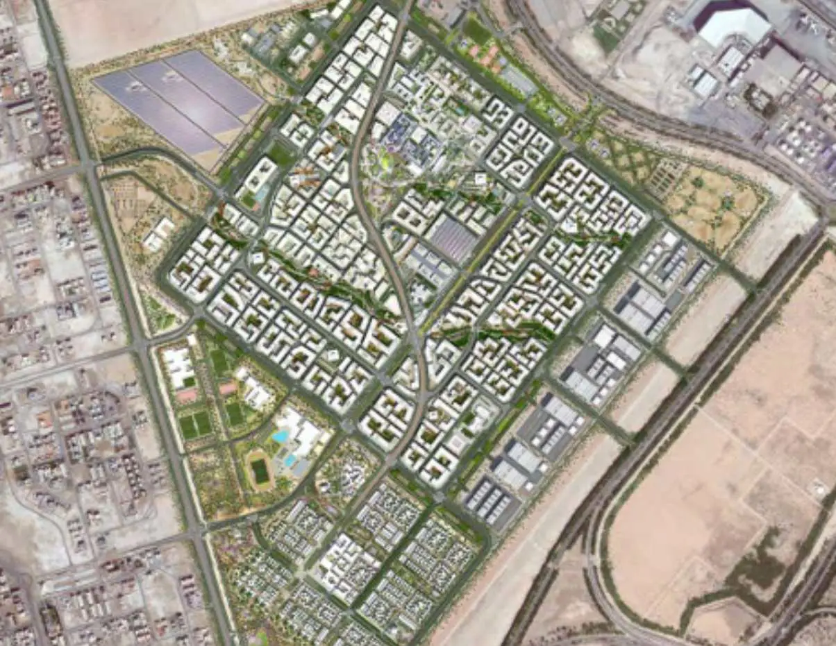 Master plan of Masdar City Phase 2 in Khalifa City showcasing sustainable mixed use districts, parks, transport links, and community facilities.