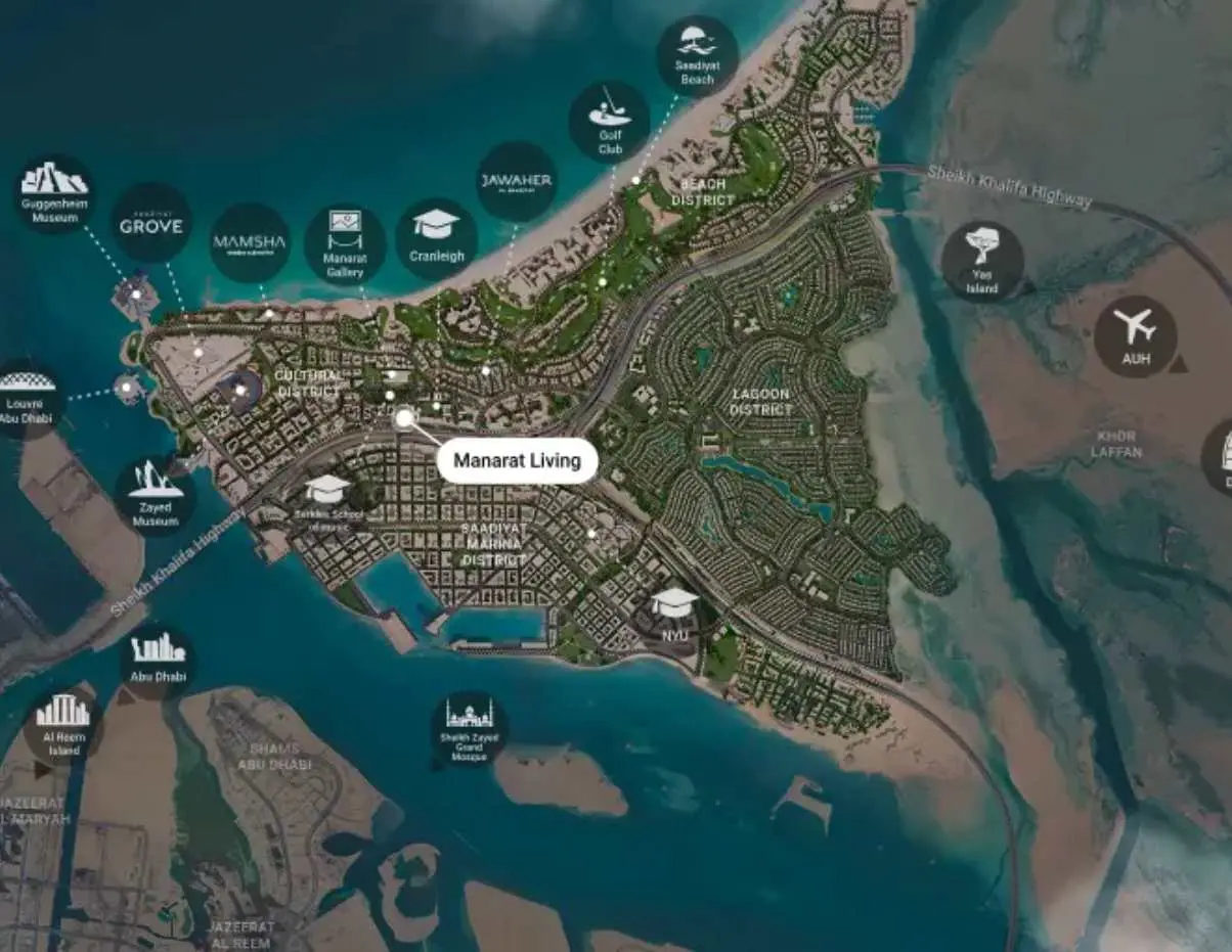 Master plan of Manarat Living on Saadiyat Island showcasing residential buildings, landscaped amenities, and thoughtfully planned community spaces in Abu Dhabi.