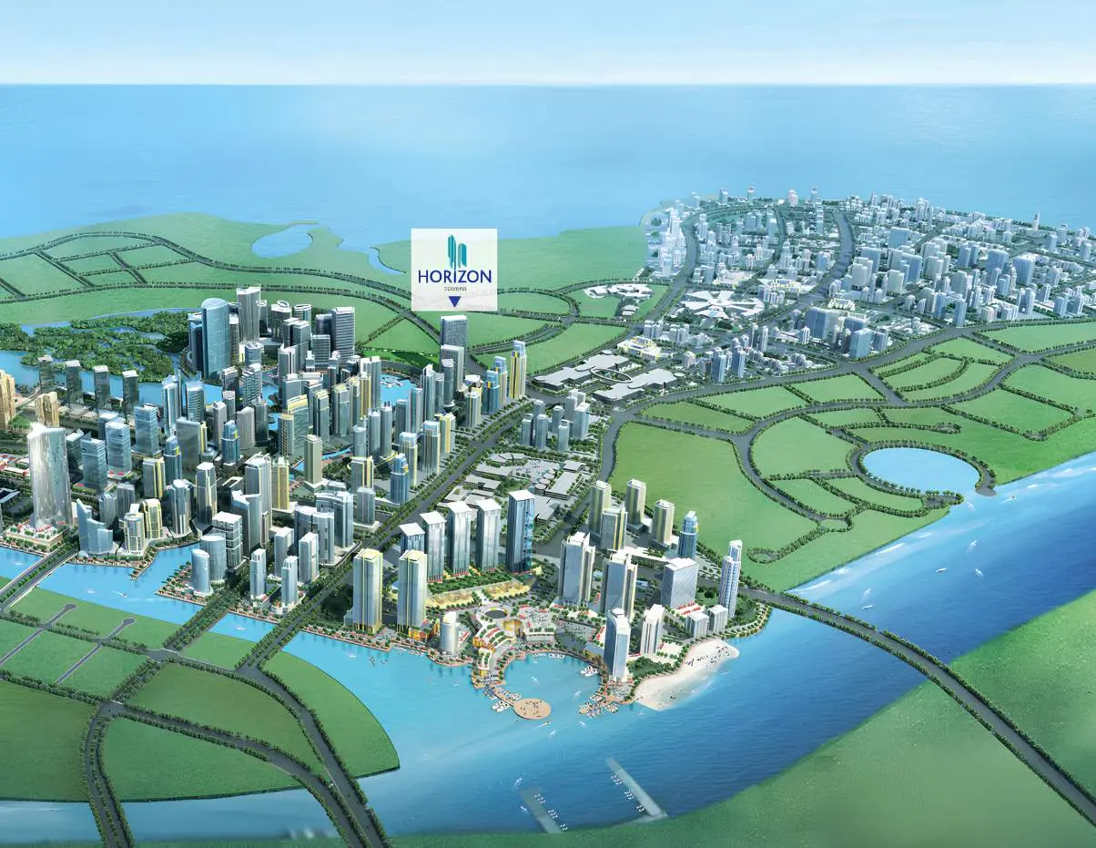 Horizon Towers master plan in City of Lights, Reem Island showcasing waterfront community, residential towers, and landscaped surroundings.