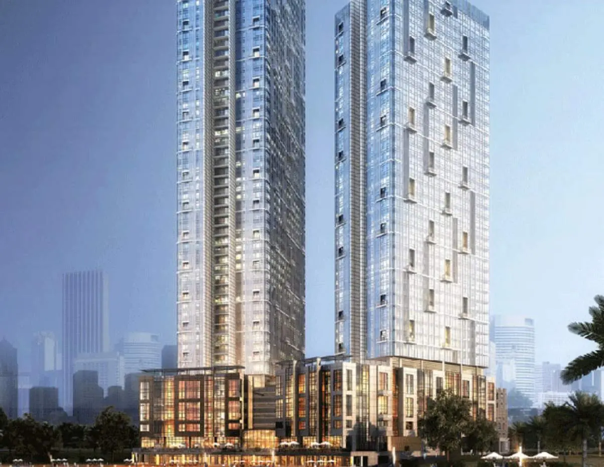 Horizon Towers master plan in City of Lights, Reem Island showcasing waterfront community, residential towers, and landscaped surroundings.