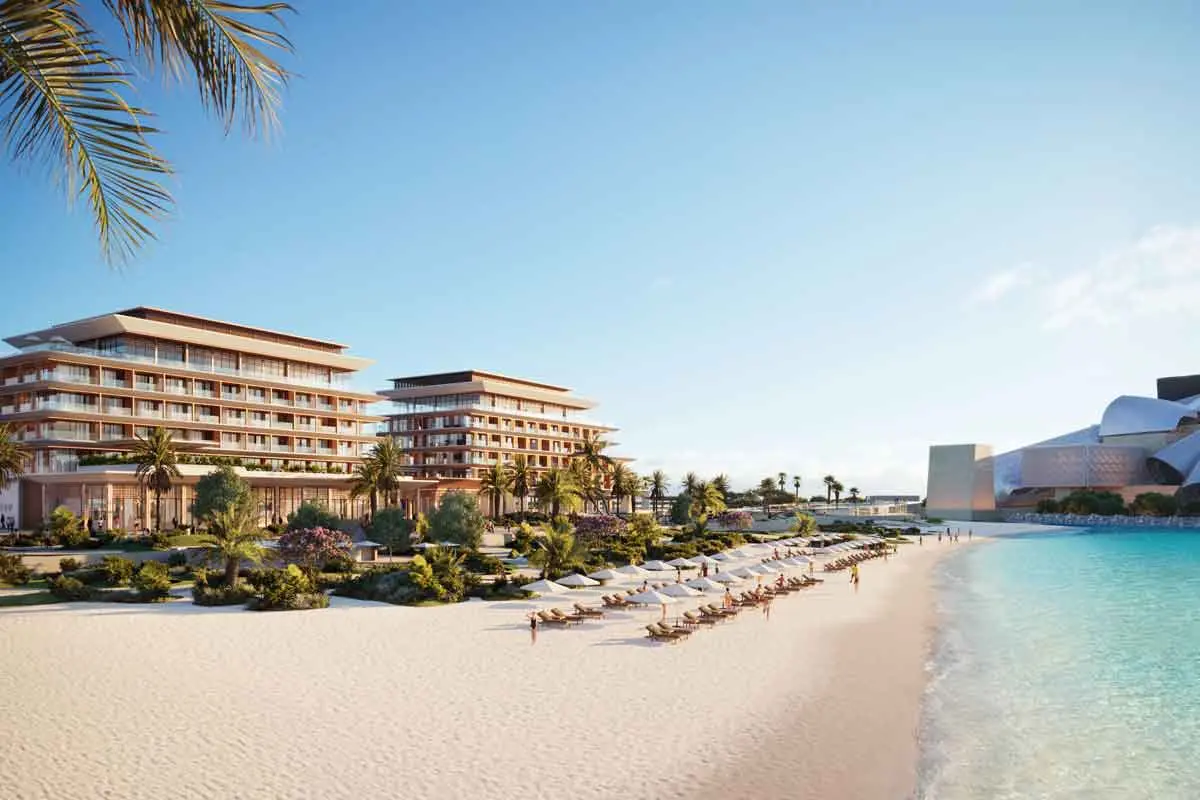 Master plan overview of Nobu Residences on Saadiyat Island, Abu Dhabi, displaying residential tower placement, pool decks, and green spaces.