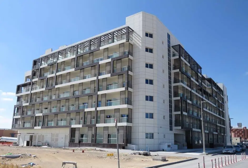 Leonardo Residences front elevation in Masdar City Abu Dhabi showcasing elegant façade and landscaped surroundings