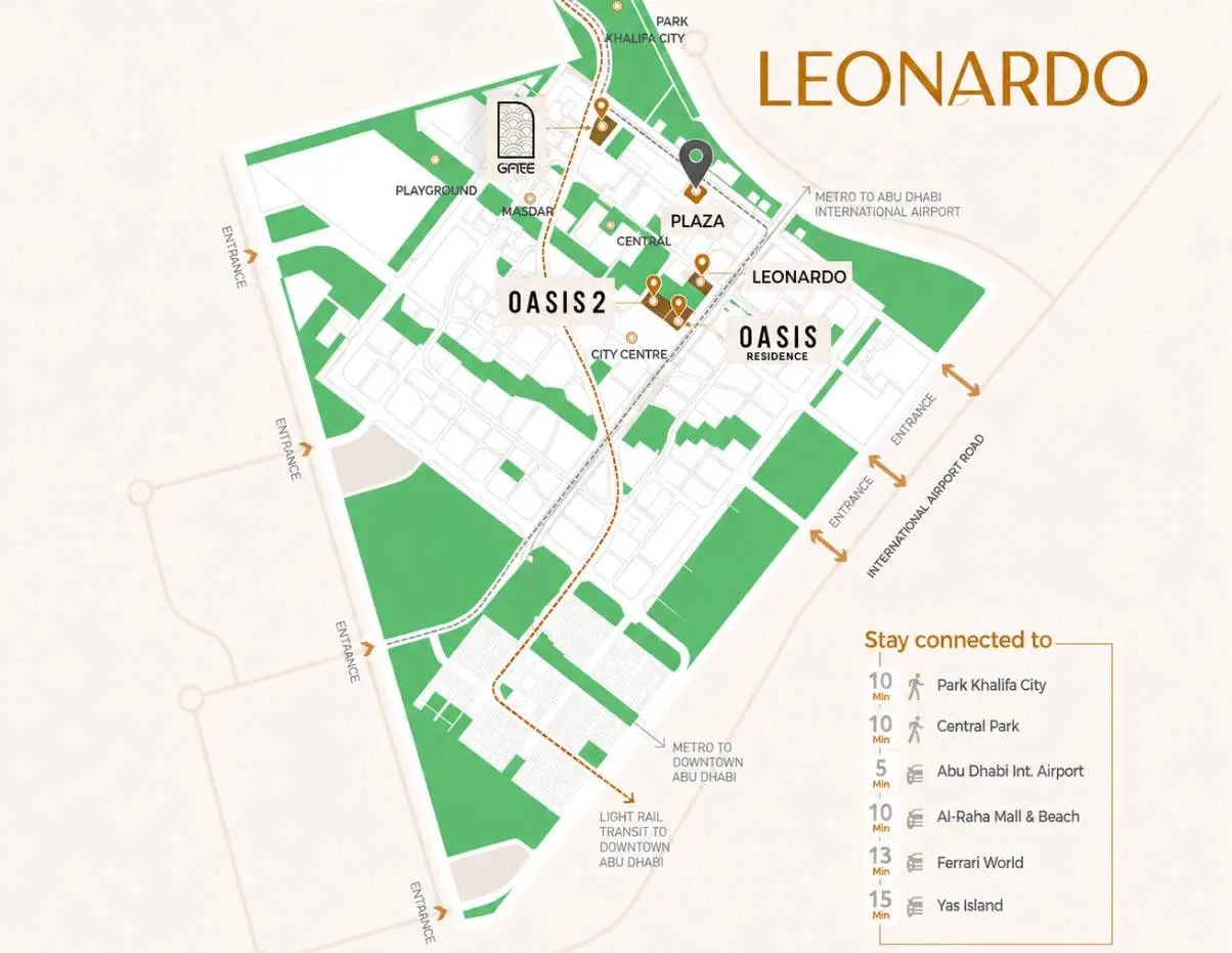 Leonardo Residences master plan in Masdar City Abu Dhabi showcasing residential layout, landscaped spaces, and community infrastructure