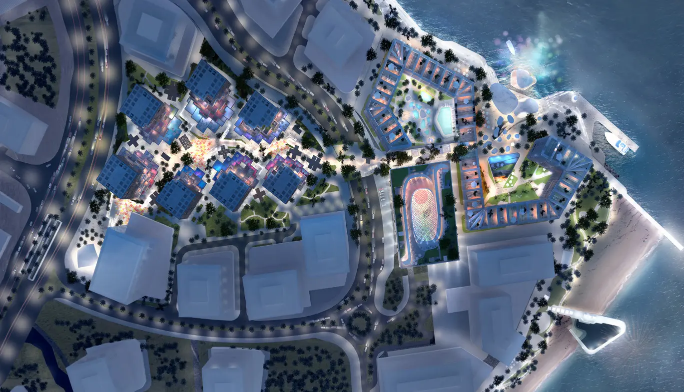 Pixel Abu Dhabi master plan showcasing waterfront community layout with residential clusters, retail spaces, and walkable lifestyle zones.