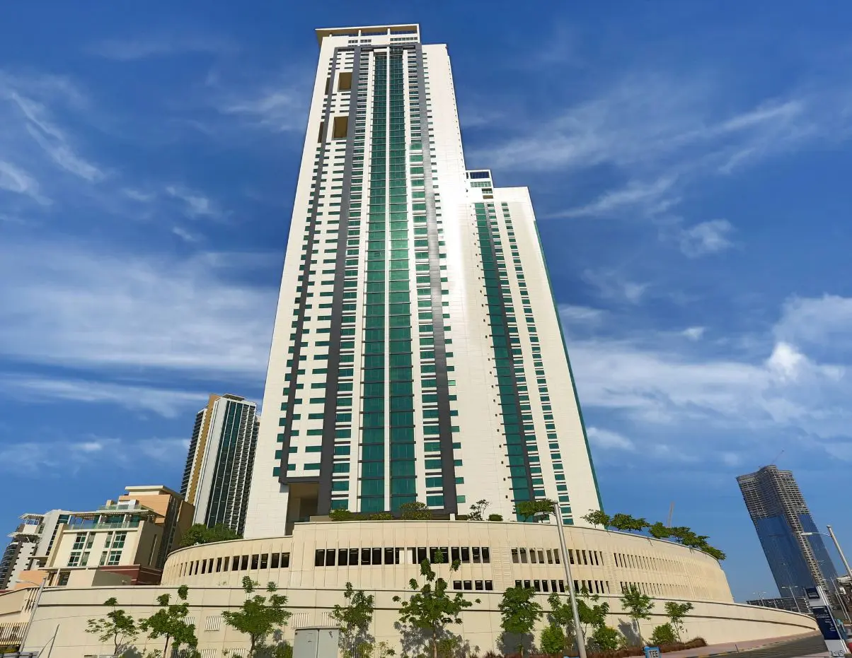 Marina Blue Tower master plan in Marina Square, Al Reem Island, Abu Dhabi showing waterfront residences, roads, landscaped spaces, and community amenities.