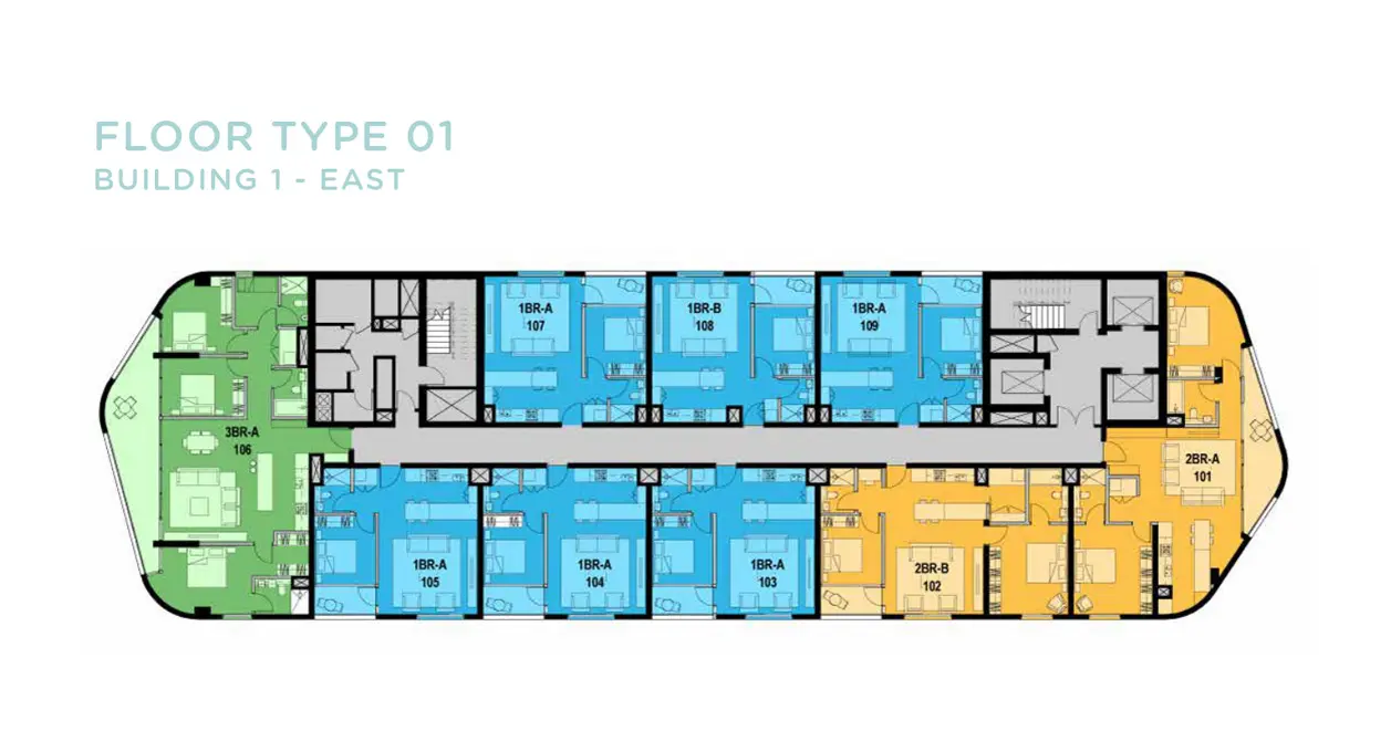 Floor Type 01 Building 1 East Meera Shams Abu Dhabi floor plate on Al Reem Island with residential apartment layout