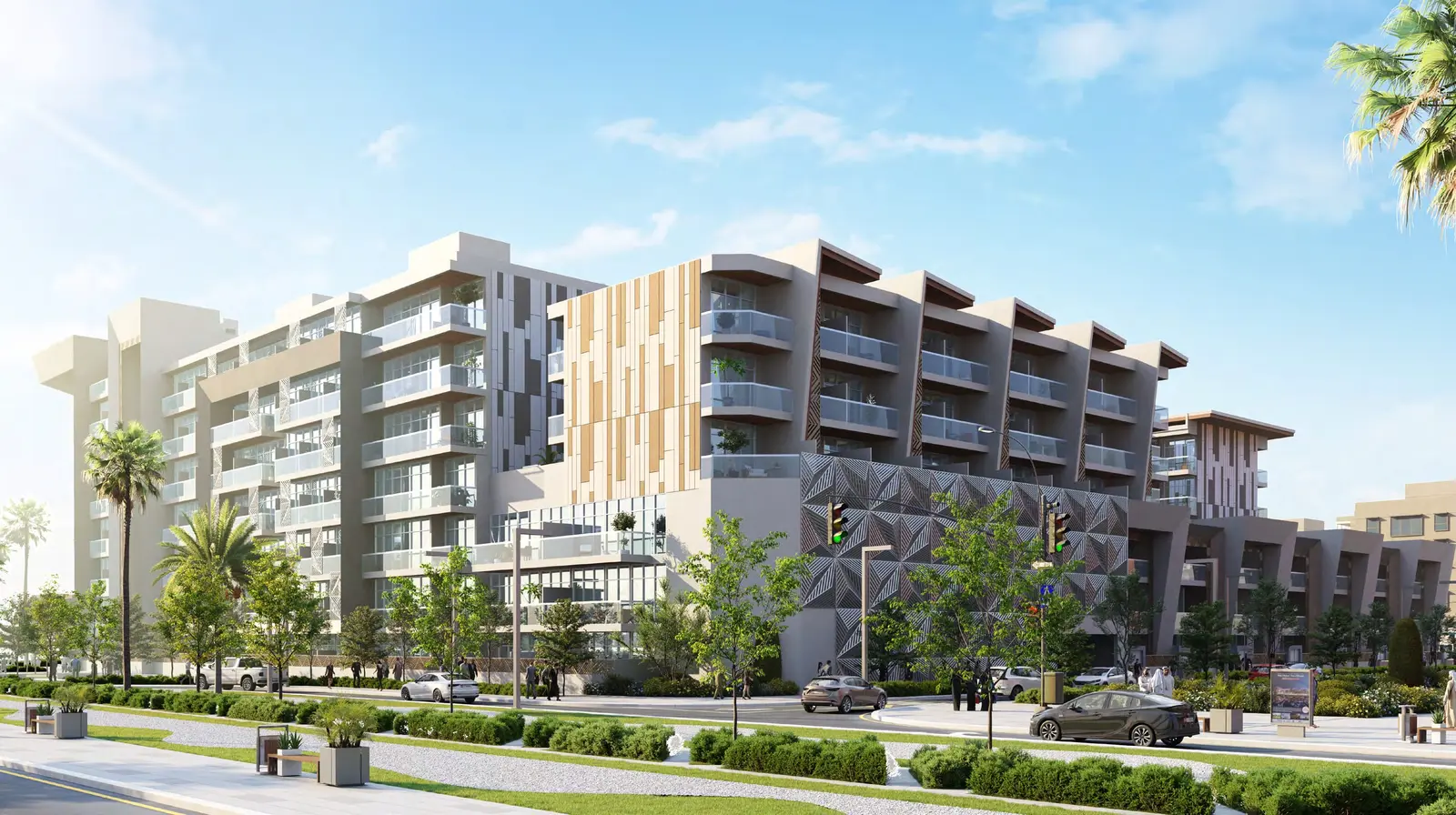 Exterior view of Plaza by Reportage showcasing modern Arabian architecture, energy‑efficient design, and landscaped surroundings in Masdar City.