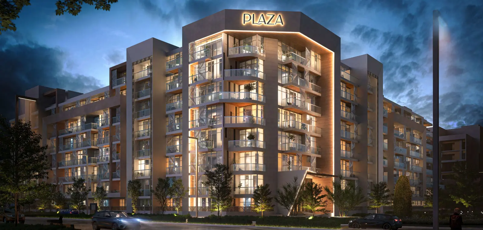 Contemporary Plaza facade featuring Arabesque detailing, clean lines, and sustainable building elements designed for modern urban living.