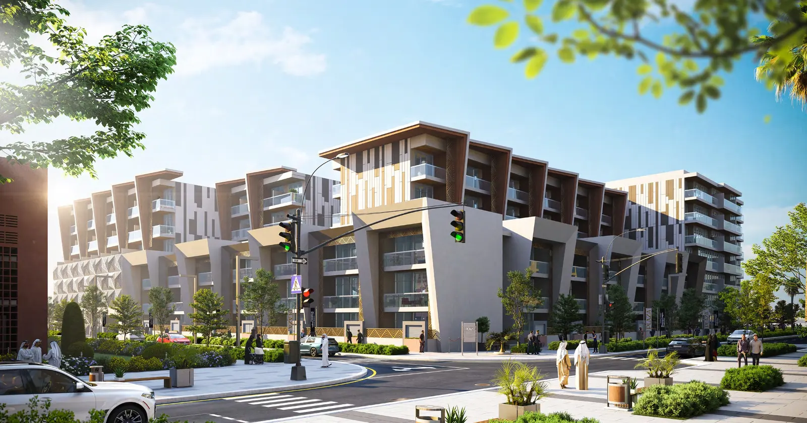 Plaza main entrance with double‑height lobby, elegant architectural finishes, and welcoming pedestrian‑friendly pathways.