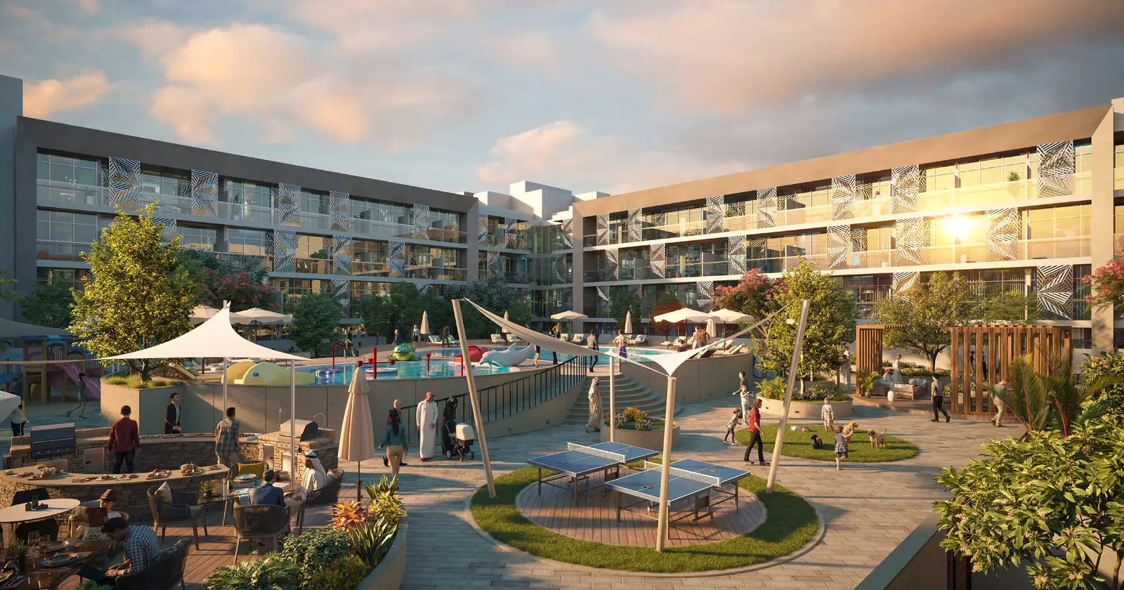Plaza community exterior highlighting landscaped gardens, shaded seating areas, and energy‑efficient residential buildings.