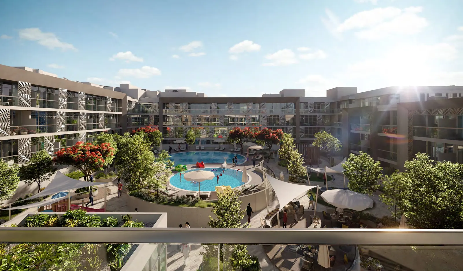 Plaza poolside exterior with turquoise swimming pools, lush greenery, and premium outdoor leisure spaces.