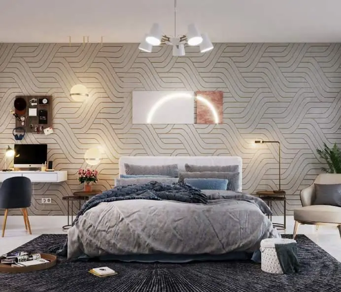 Spacious master bedroom at Plaza offering soft textures, abundant daylight, and a calm ambiance inspired by modern Arabian design.