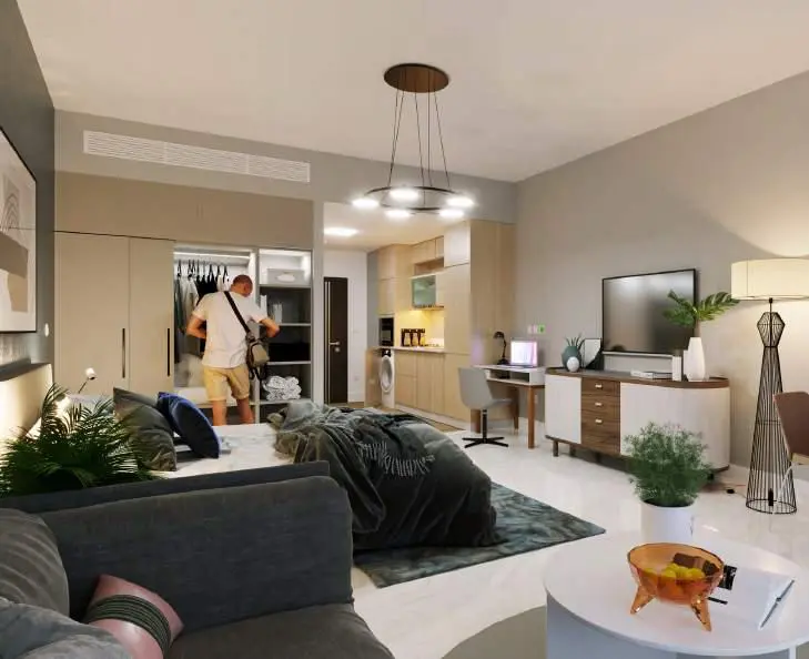 Modern living room at Plaza featuring bright natural light, contemporary finishes, and serene views of landscaped greenery for a refined urban lifestyle.