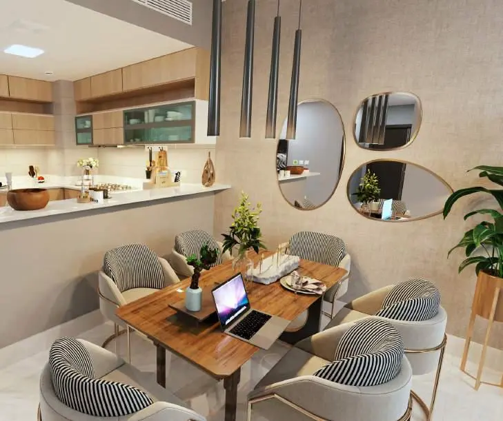 Elegant dining area at Plaza designed with clean lines, warm tones, and a functional layout that enhances everyday comfort.
