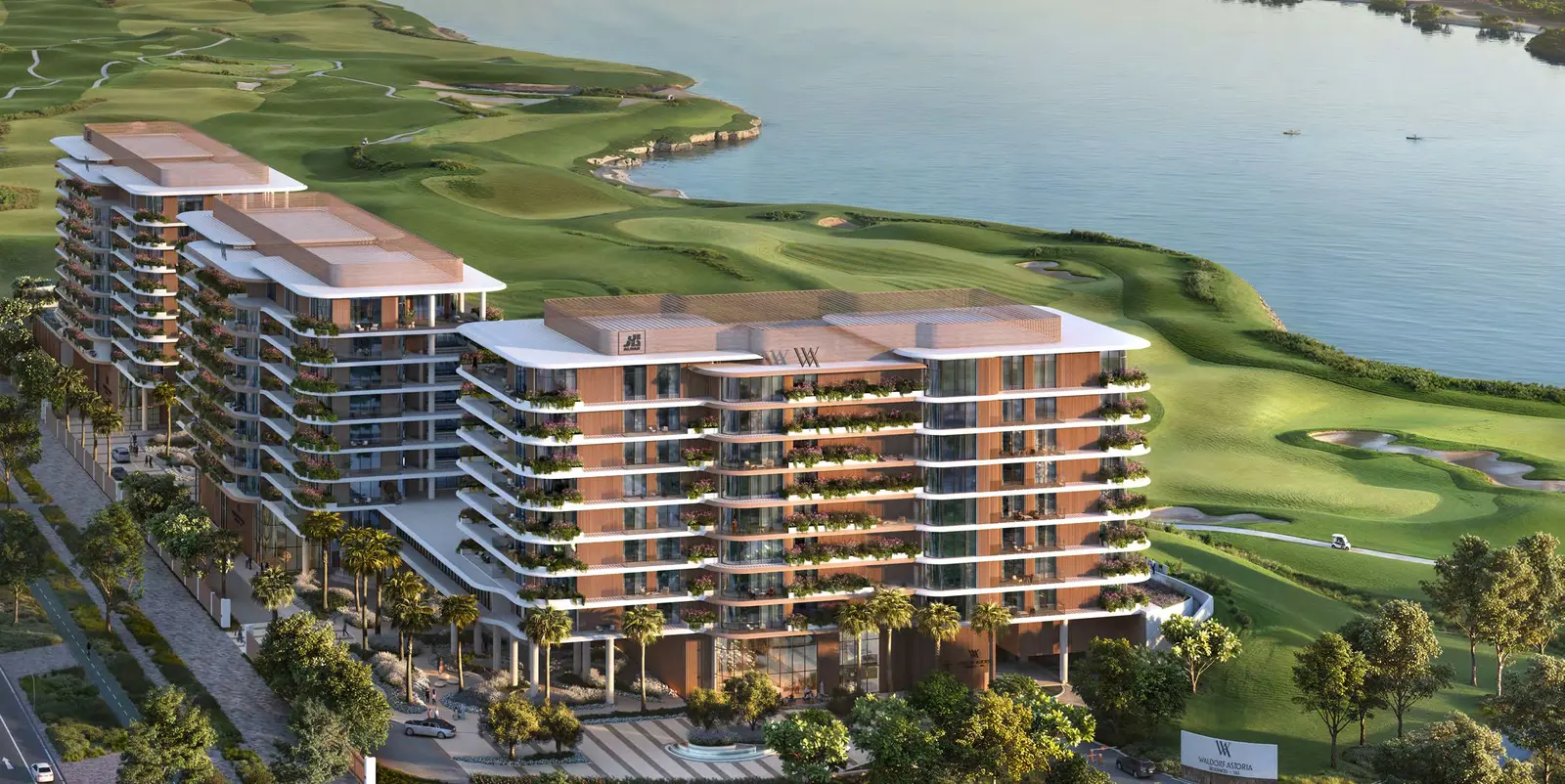 Waldorf Astoria Residences Yas on Yas Island showcasing views of Yas Marina Circuit and elegant residences.