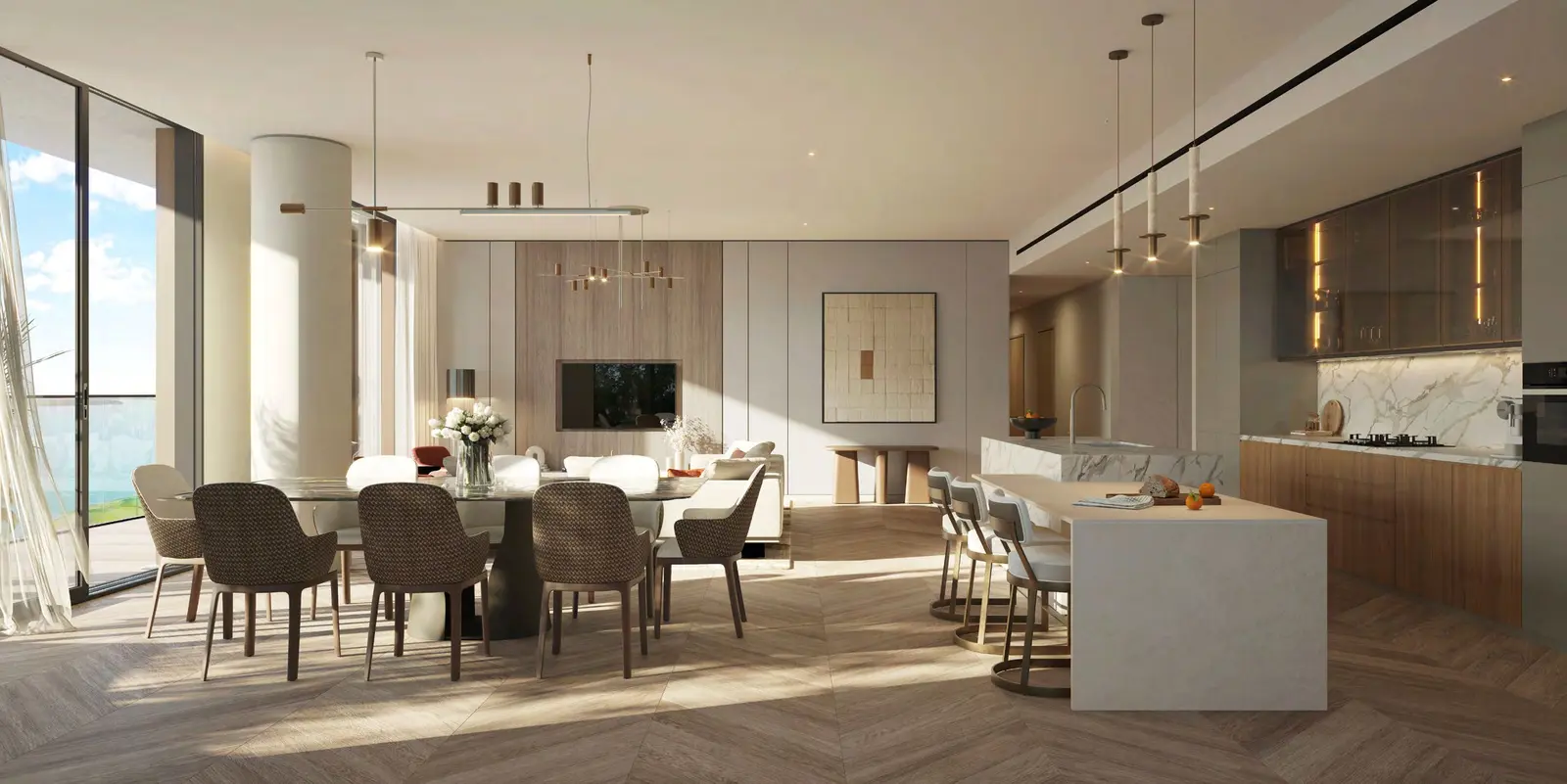 Waldorf Astoria Residences Yas on Yas Island interior featuring luxurious furnished living spaces and elegant finishes.