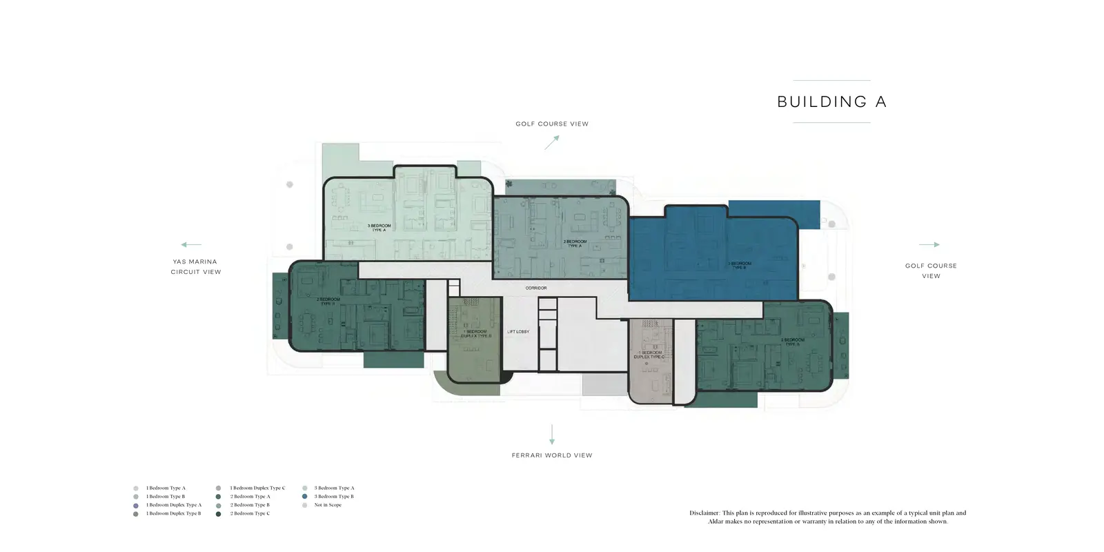 Waldorf Astoria Residences Yas on Yas Island Building A floor plate featuring luxury apartment layouts and premium residential design.