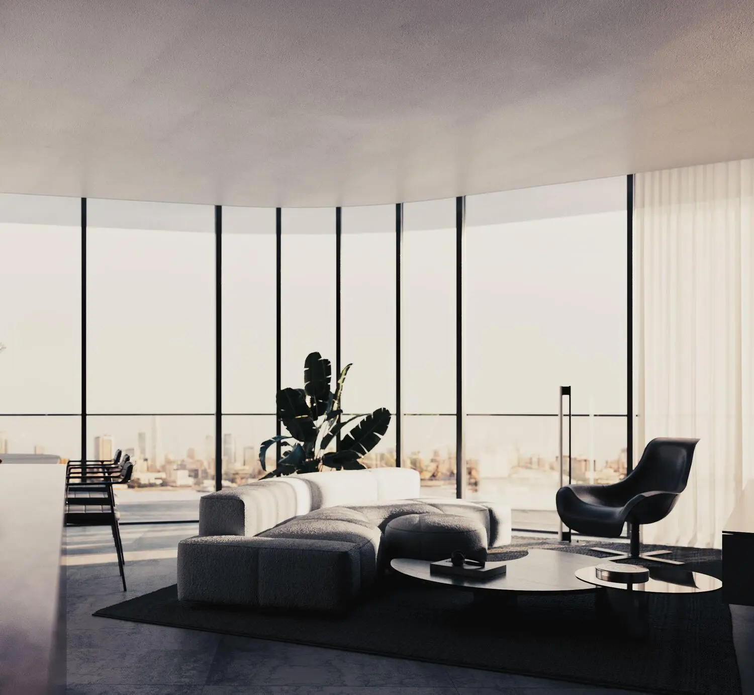 Brabus Island Al Raha Beach Abu Dhabi apartment living room interior featuring open-plan layout and panoramic waterfront views.