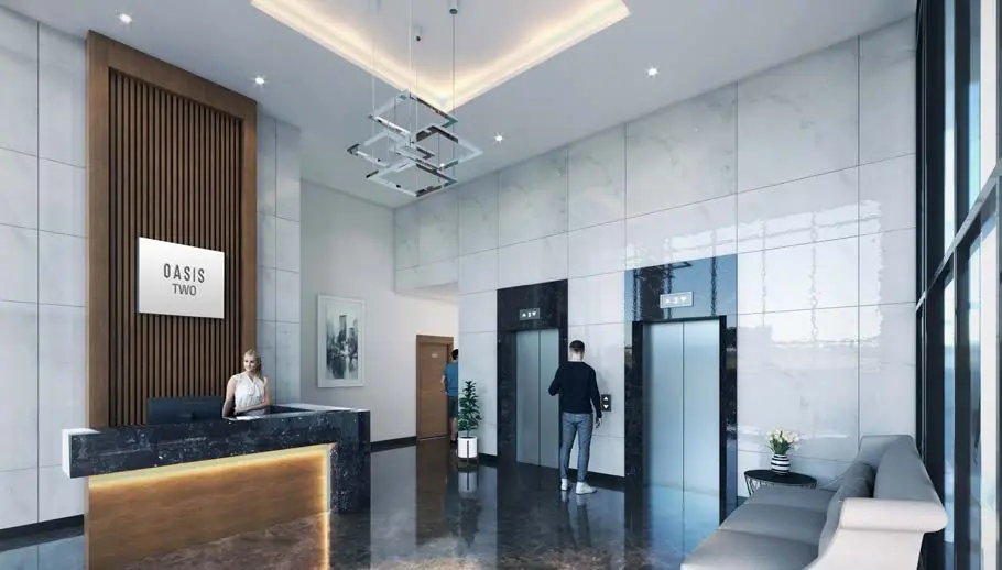 Exterior facade of Oasis Two showcasing the premium residential building in the heart of Masdar City.