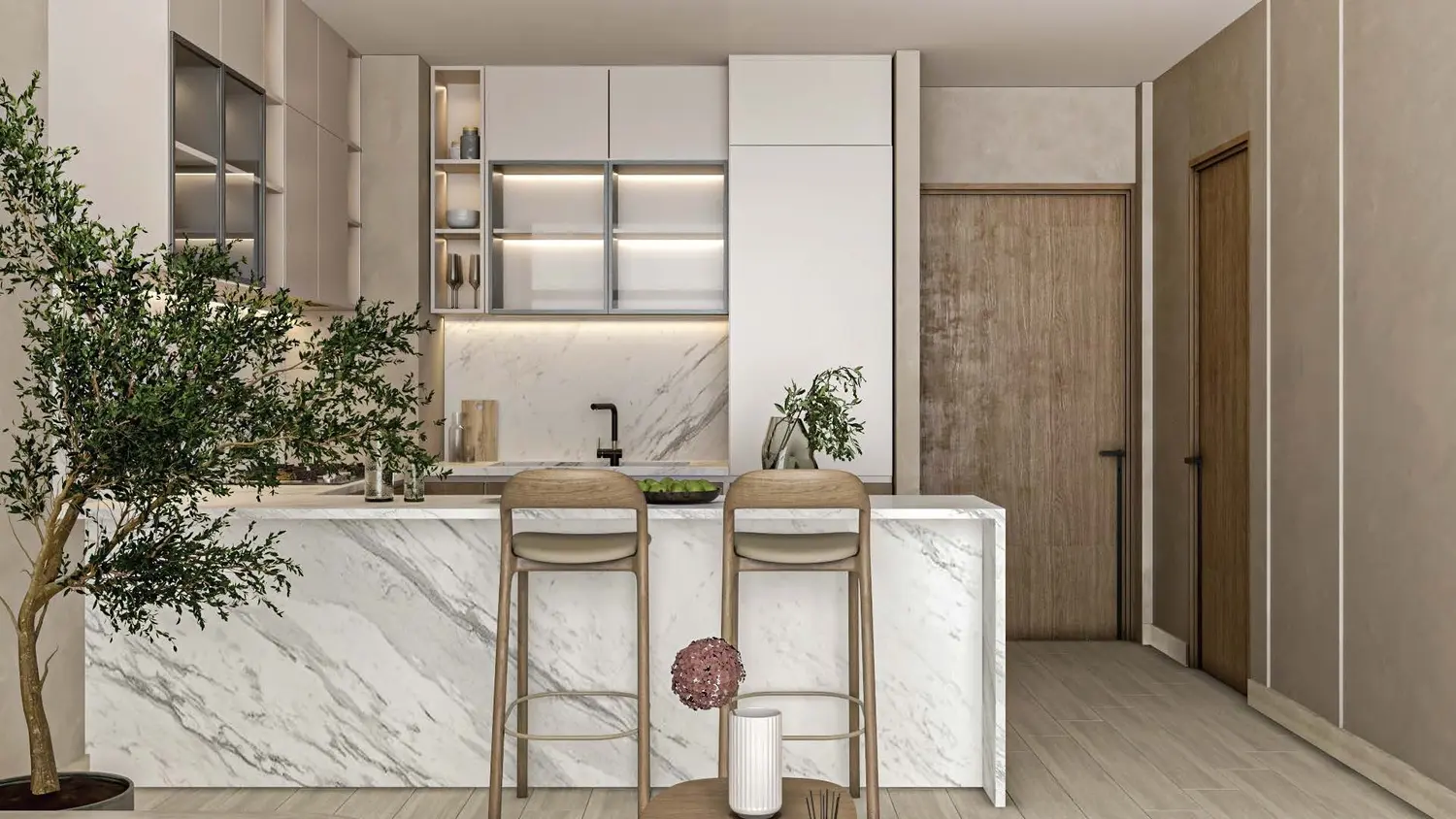 Contemporary master bathroom suite highlighting polished ceramic tile finishes and glass walk-in shower at Aquino Al Marjan Island