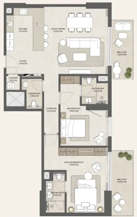 2 Bedrooms apartments - Expo Valley Views - Ghadeer floor plan