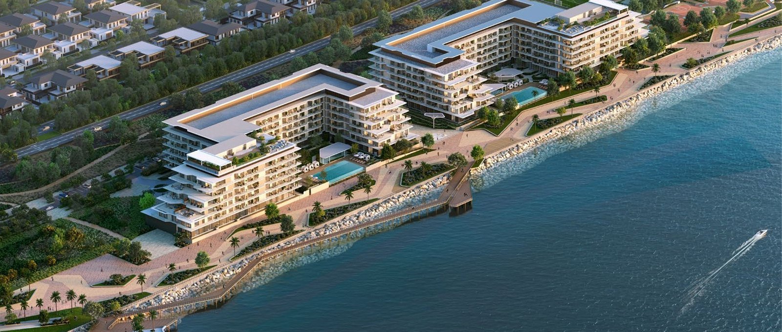 Sunset view over Bashayer Residences waterfront, emphasizing premium apartments, penthouses, and luxury real estate lifestyle