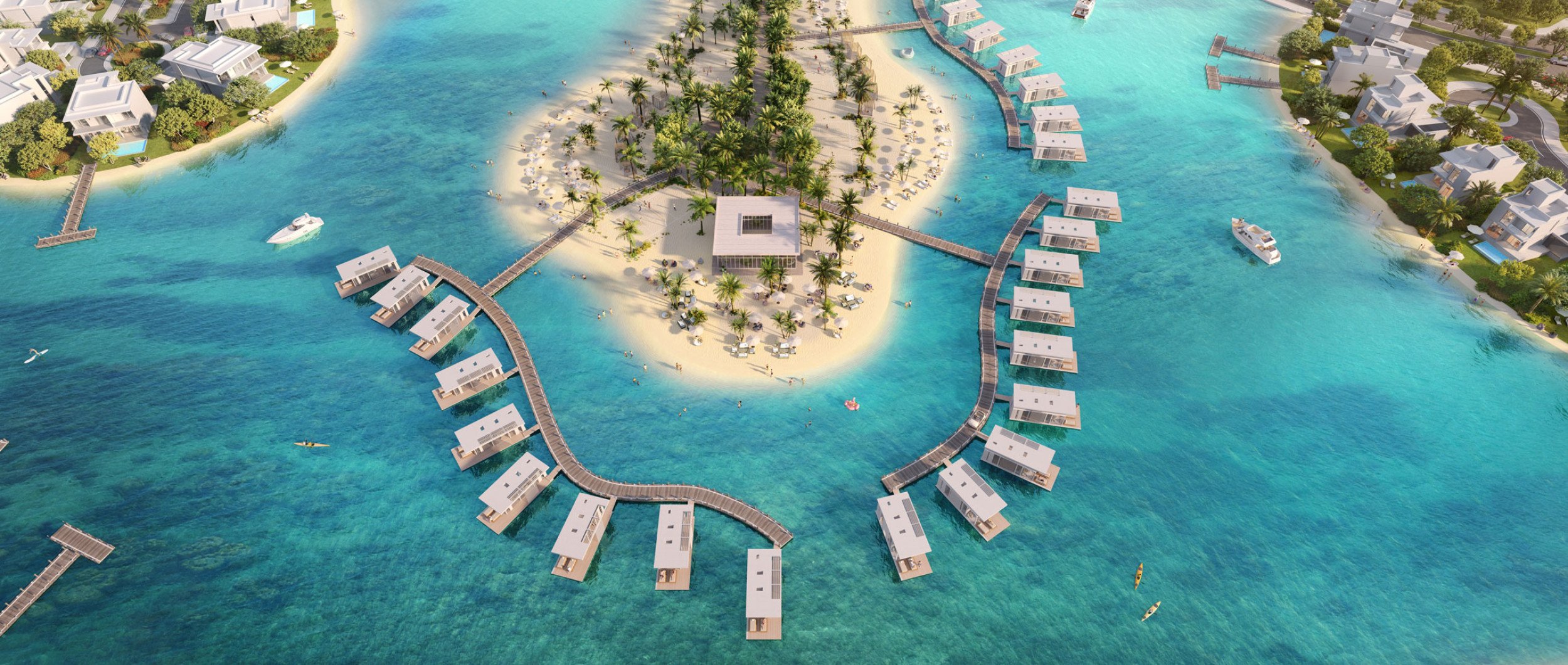 Sunset over Ramhan Island's upscale community, highlighting the peaceful atmosphere and premium villa layout.