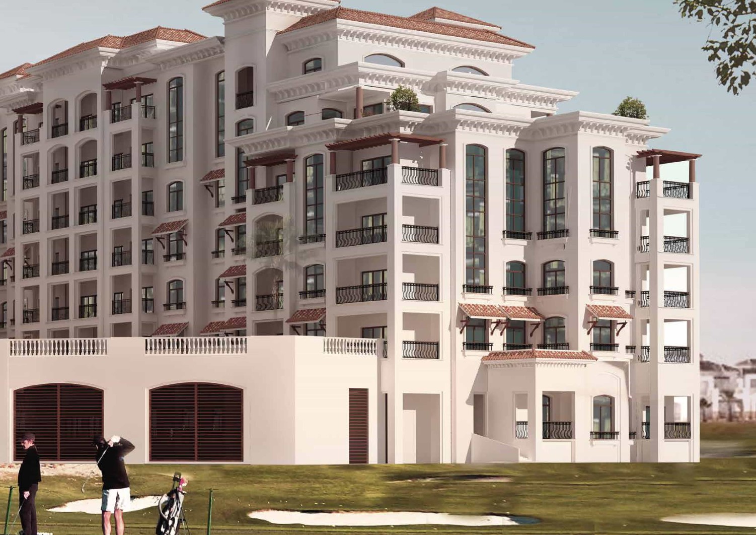 Aerial perspective of Ansam's Mediterranean-style community bordering Yas Links Golf Course on Yas Island, Abu Dhabi.