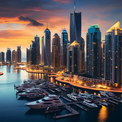 Dubai Marina waterfront and skyline at sunset