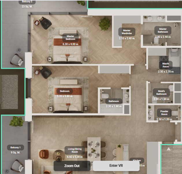 Sama Yas 2 bedroom with maid’s room virtual tour showcasing large living areas, modern kitchen, balcony views, and premium finishes in Abu Dhabi.