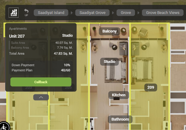 Studio apartment virtual tour at Grove Beach Views Saadiyat Grove Abu Dhabi showing open-plan modern layout.
